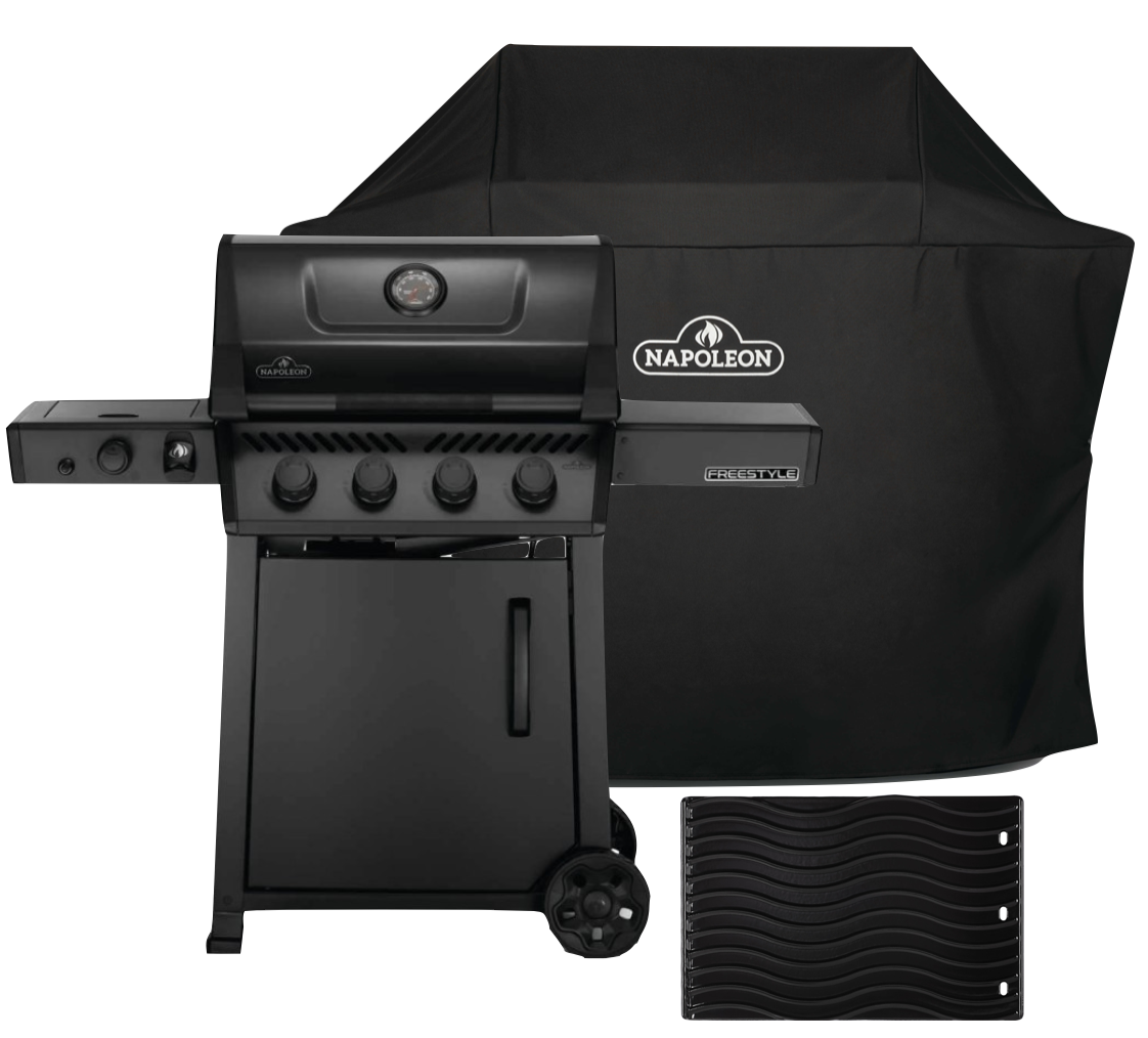 Napoleon Freestyle 425 Phantom, mit Edelstahl Rosten und Tür, Mattschwarz - inkl. Abdeckhaube und Gussplatte