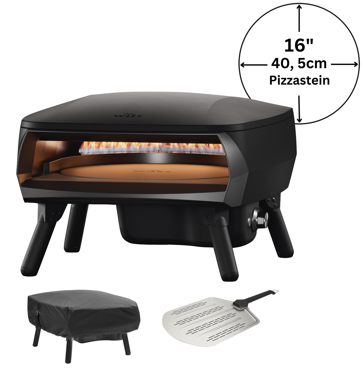 Witt Piccolo Rotante Grande 16" Pizzaofen matt schwarz inkl. Pizza Schieber und Abdeckhaube