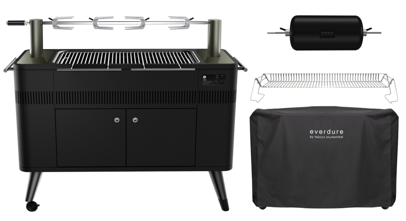 Everdure HUB II Holzkohlegrill inkl. Abdeckhaube, Warmhalterost und Trommel