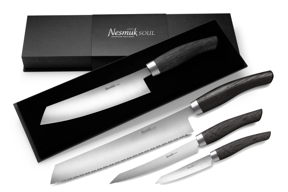 Nesmuk Soul Messerset - Kochmesser, Slicer, Office  und Brotmesser Mooreiche Nesmuk Soul Messerset - Kochmesser, Slicer, Office  und Brotmesser Mooreiche