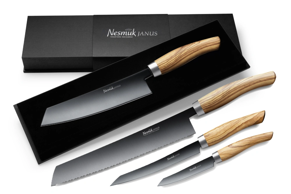 Nesmuk Janus Messerset - Kochmesser, Slicer, Office und Brotmesser Olivenholz Nesmuk Janus Messerset - Kochmesser, Slicer, Office und Brotmesser Olivenholz