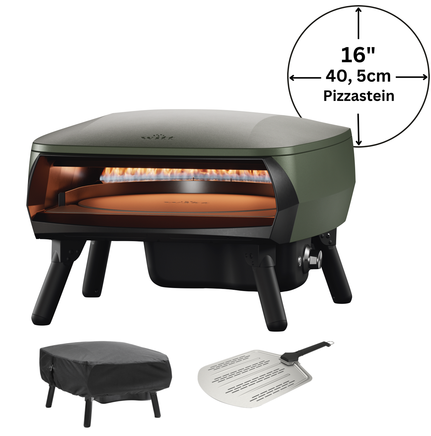 Witt Piccolo Rotante Grande 16" Pizzaofen matt dunkelgrün inkl. Pizza Schieber und Abdeckhaube