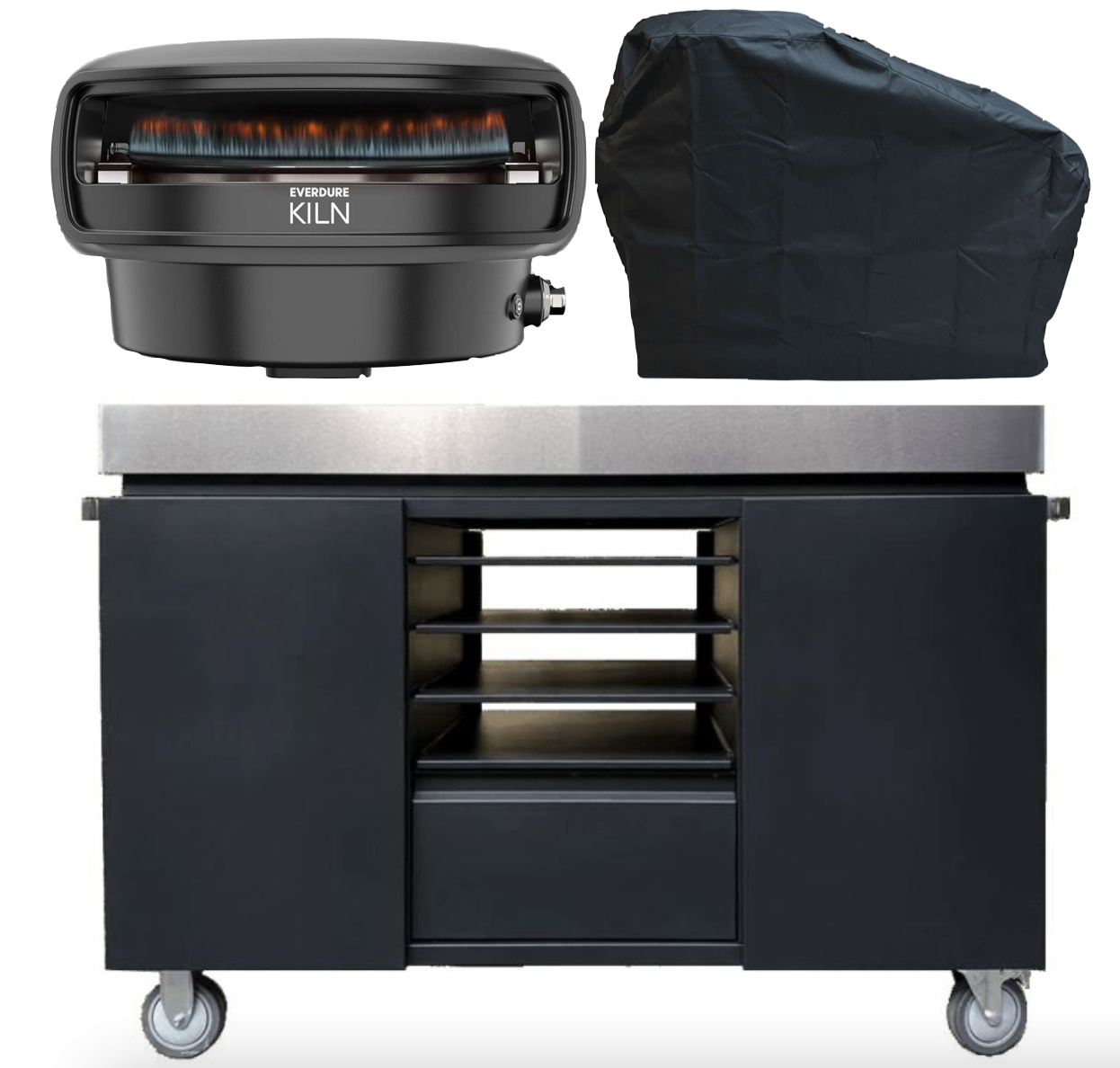Everdure KILN Pizzaofen 2 Brenner rotierend graphite mit Pizza Station und Abdeckhaube schwarz