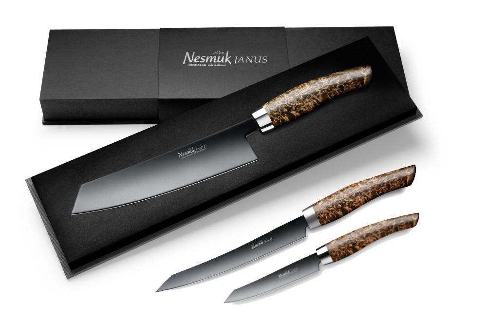 Nesmuk Janus Messerset - Kochmesser, Slicer und Office Karelische Maserbirke Nesmuk Janus Messerset - Kochmesser, Slicer und Office Karelische Maserbirke