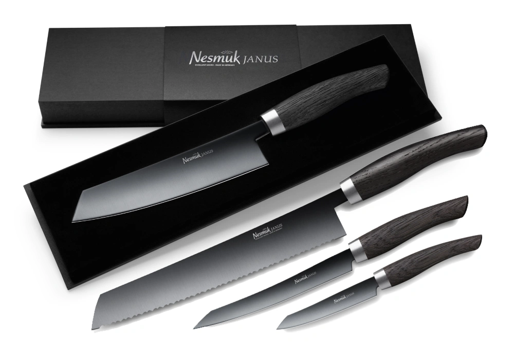 Nesmuk Janus Messerset - Kochmesser, Slicer, Office  und Brotmesser Mooreiche Nesmuk Janus Messerset - Kochmesser, Slicer, Office  und Brotmesser Mooreiche