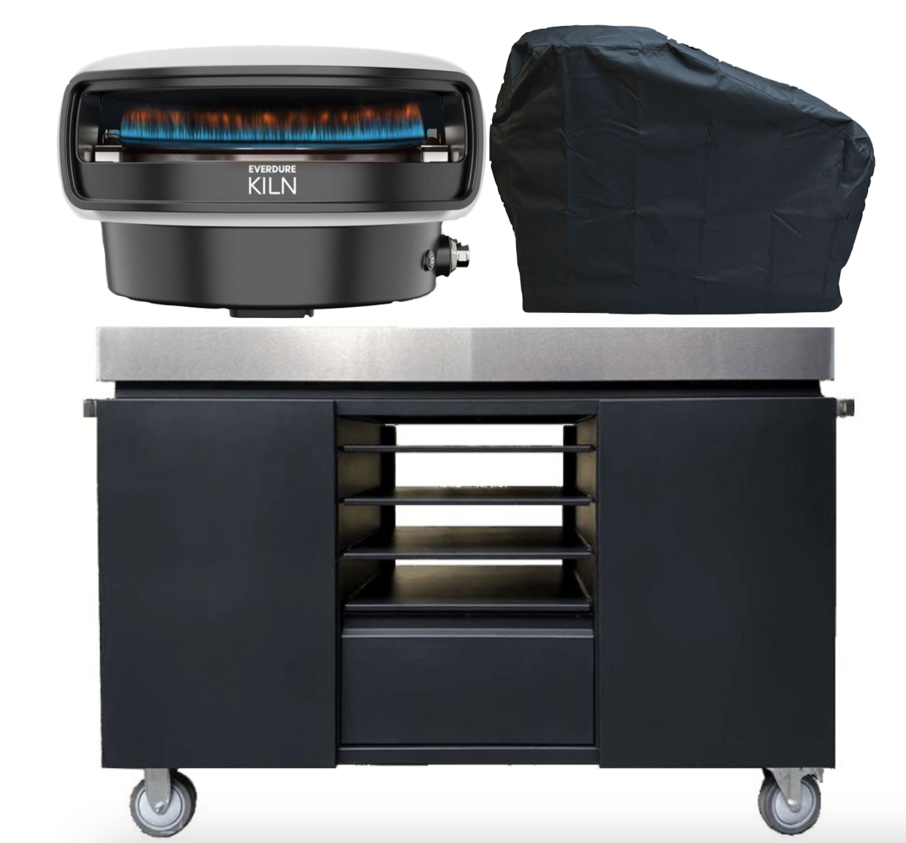 Everdure KILN Pizzaofen 2 Brenner rotierend stone mit Pizza Station und Abdeckhaube schwarz