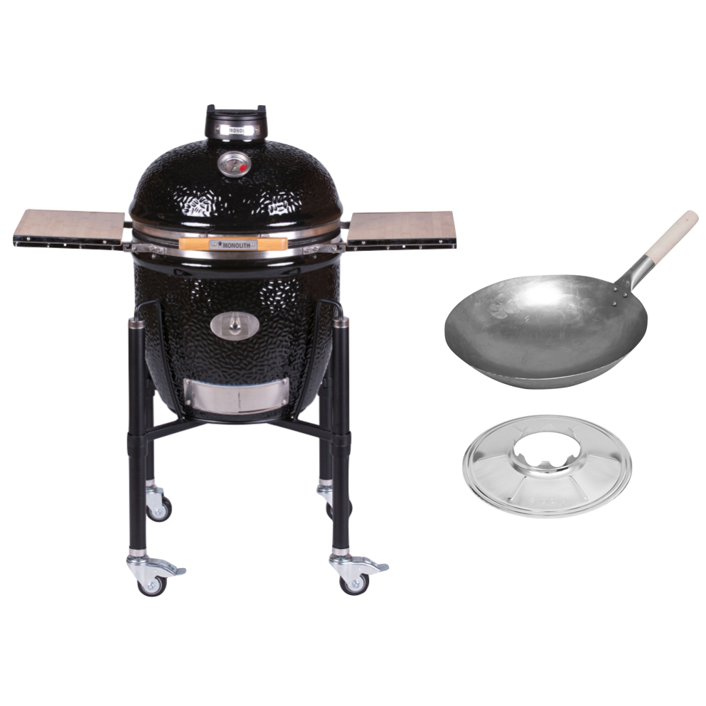 Monolith Classic Pro Serie 2.0 inkl. Gestell und Seitentische Schwarz - Wok Grill Set