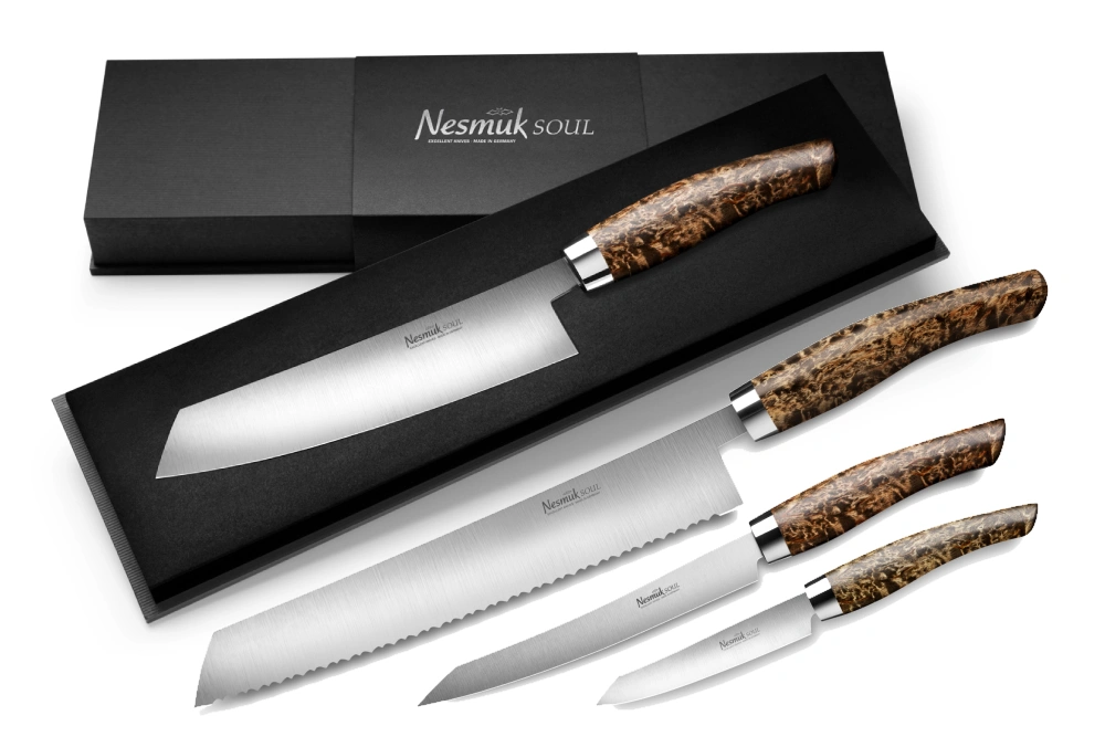 Nesmuk Soul Messerset - Kochmesser, Slicer, Office und Brotmesser Karelische Maserbirke