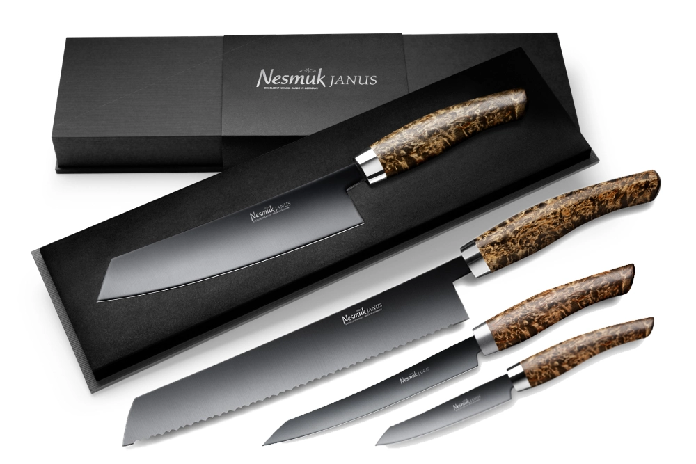 Nesmuk Janus Messerset - Kochmesser, Slicer, Office und Brotmesser Karelische Maserbirke